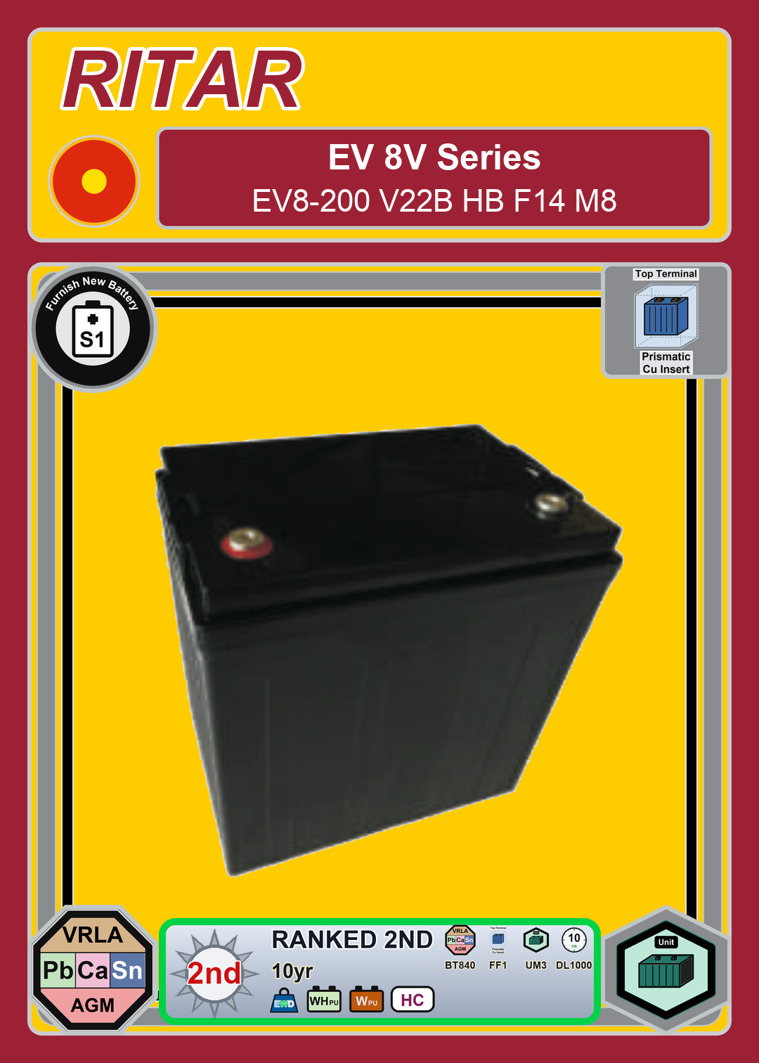 Furnish New Battery Ritar EV Series EV8 200 V22B HB F14 M8