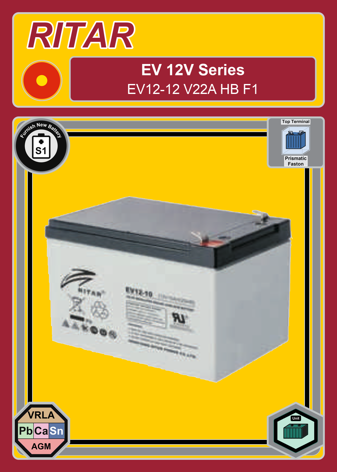 Furnish New Battery Ritar EV Series EV12 12 V22A HB F1