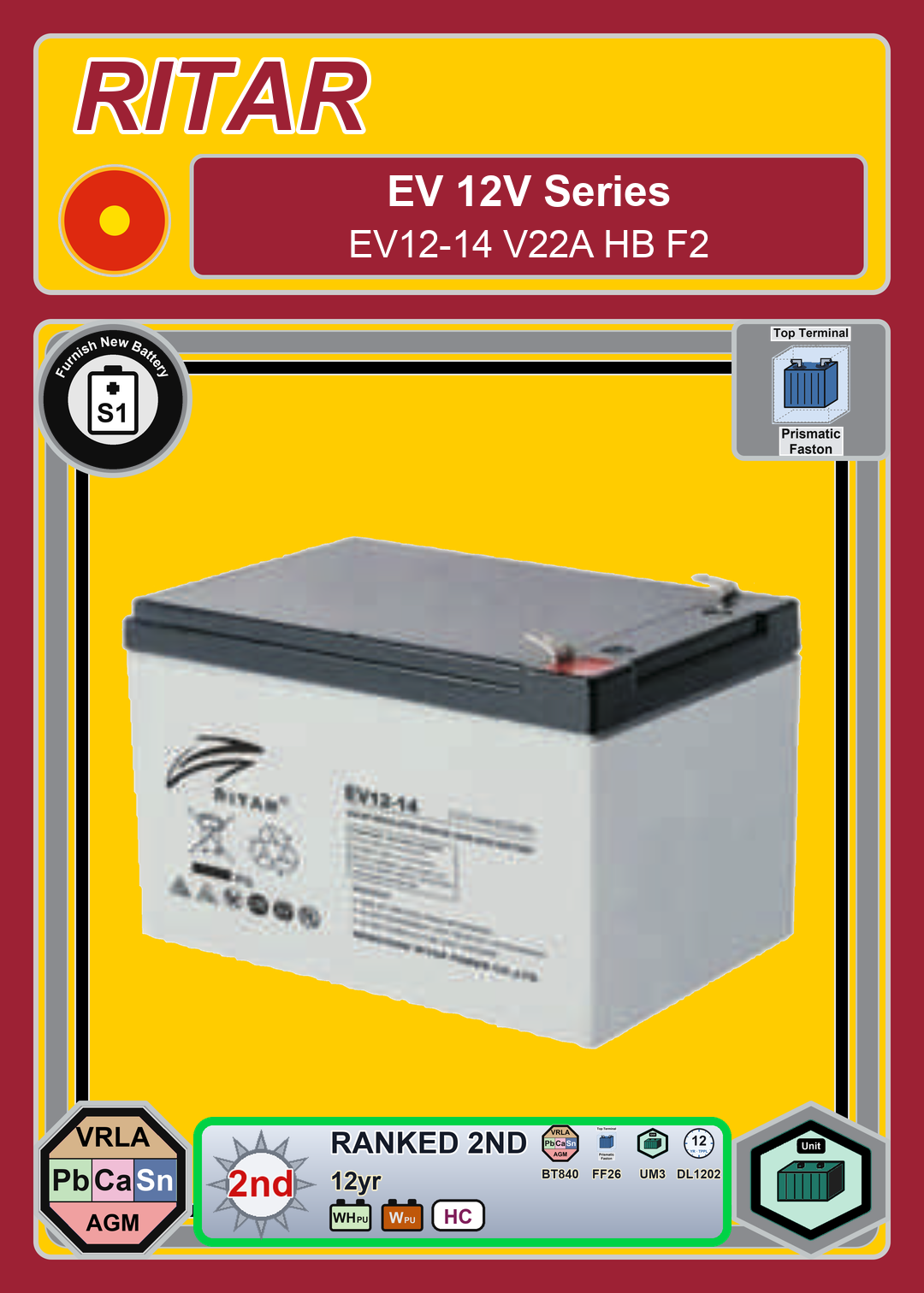 Furnish New Battery Ritar EV Series EV12 14 V22A HB F2