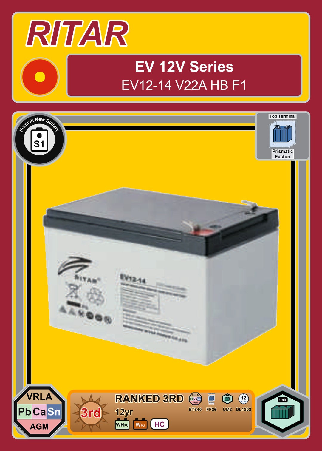 Furnish New Battery Ritar EV Series EV12 14 V22A HB F1