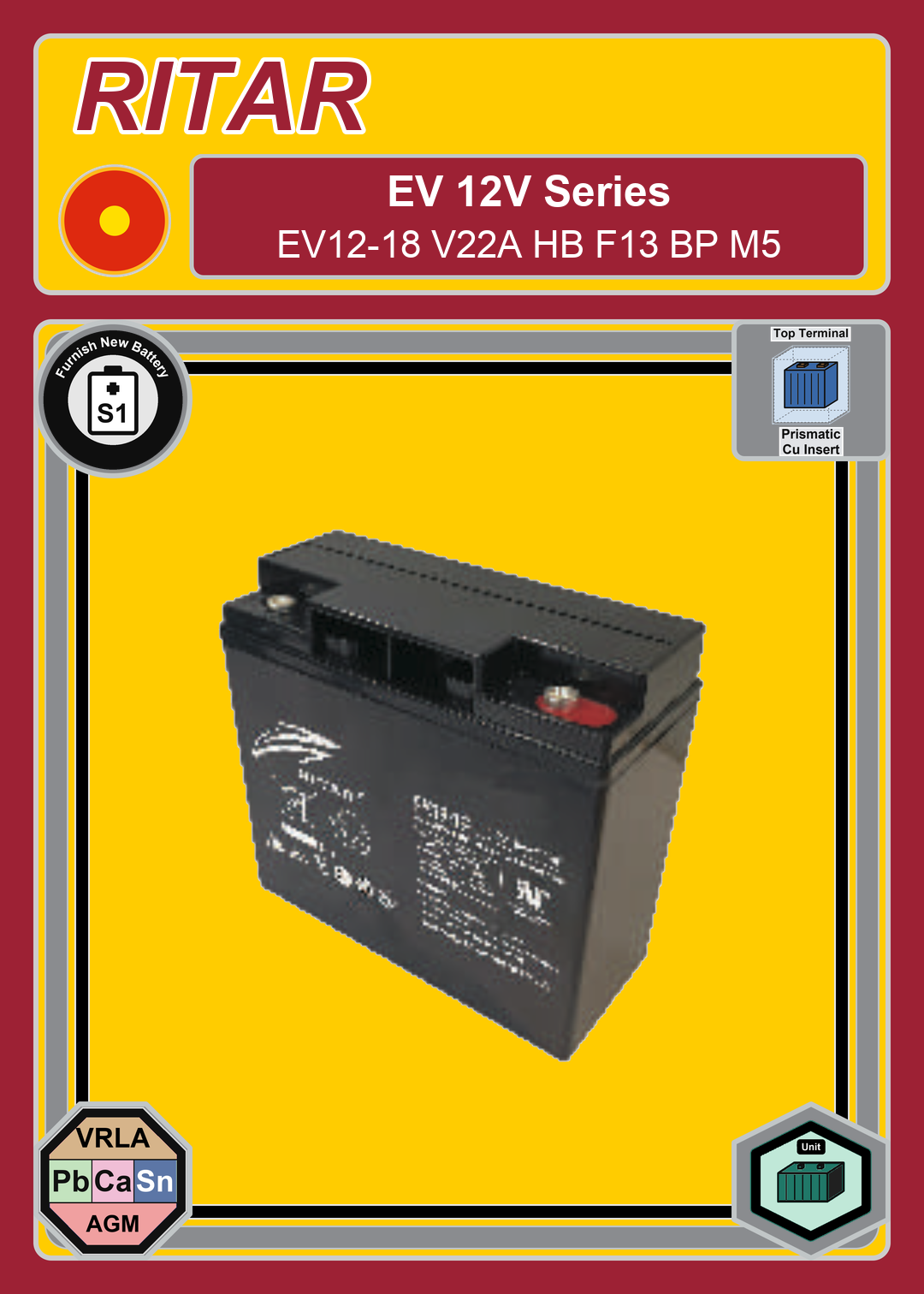 Furnish New Battery Ritar EV Series EV12 18 V22A HB F13 BP M5