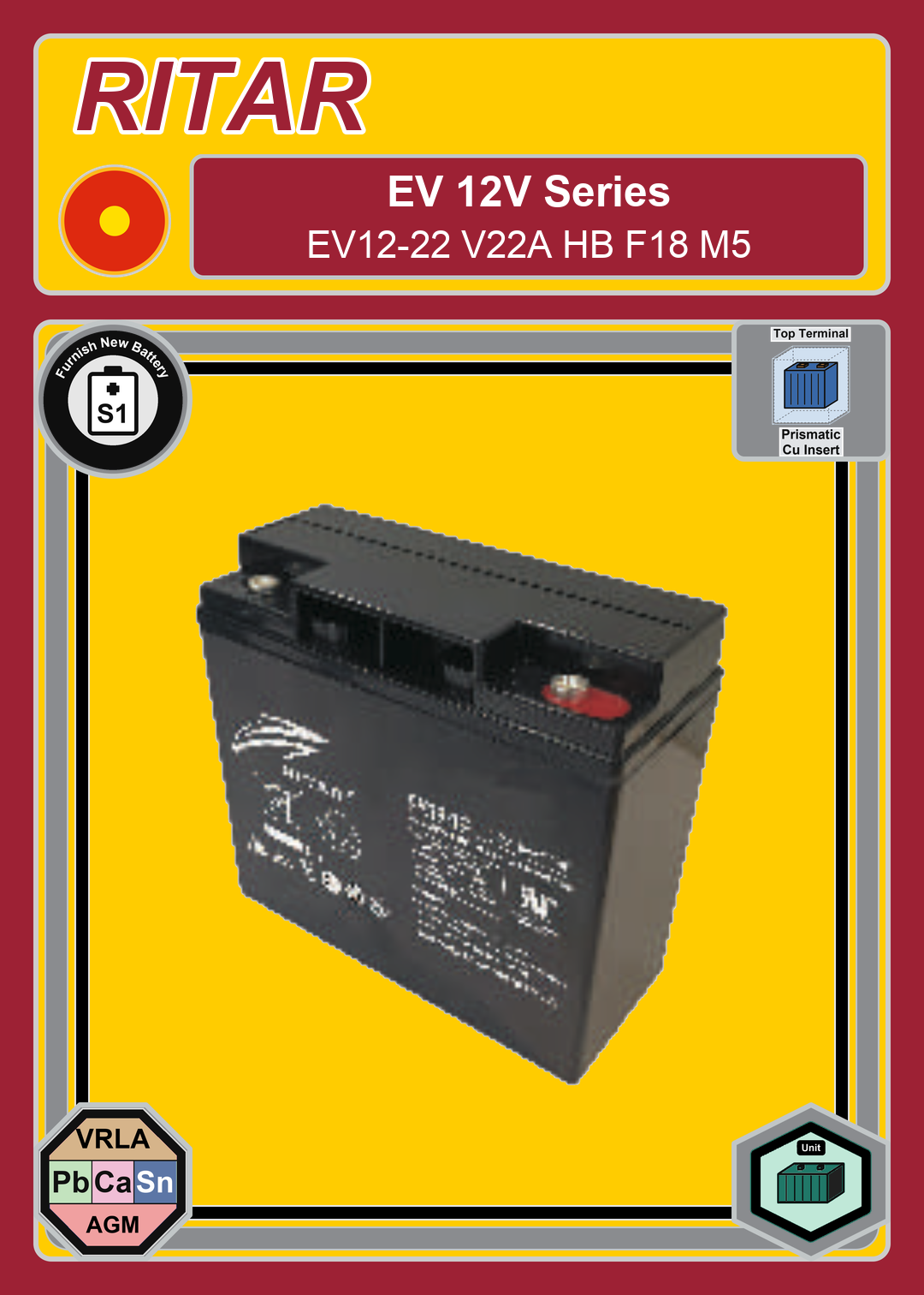 Furnish New Battery Ritar EV Series EV12 22 V22A HB F18 M5