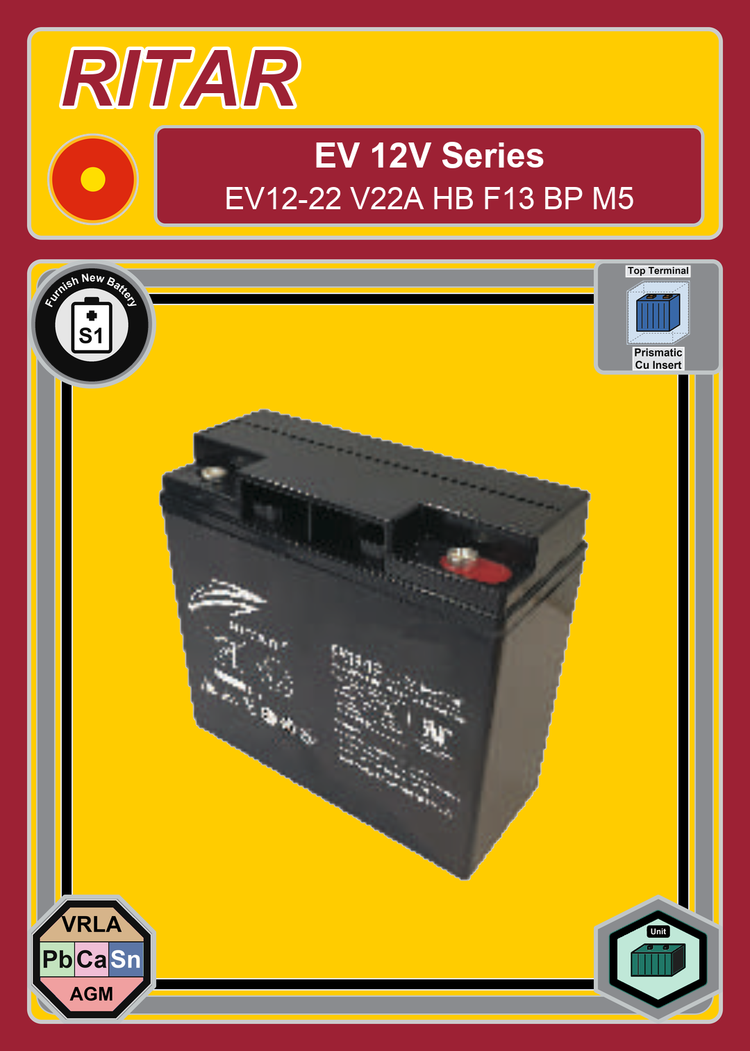 Furnish New Battery Ritar EV Series EV12 22 V22A HB F13 BP M5