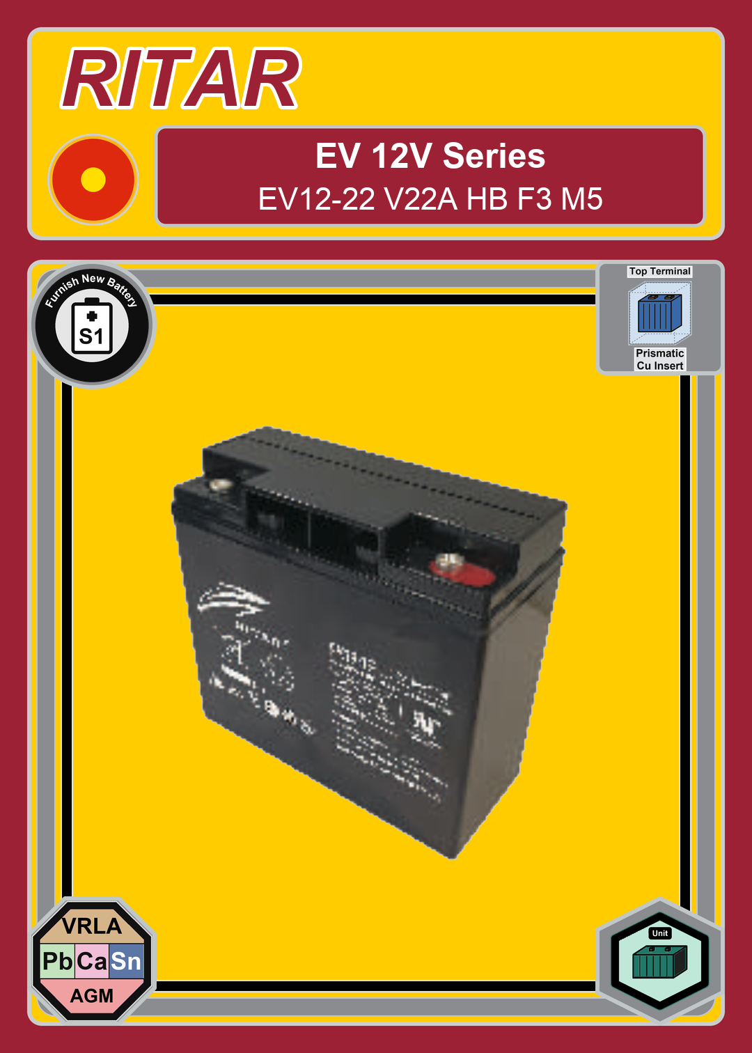Furnish New Battery Ritar EV Series EV12 22 V22A HB F3 M5