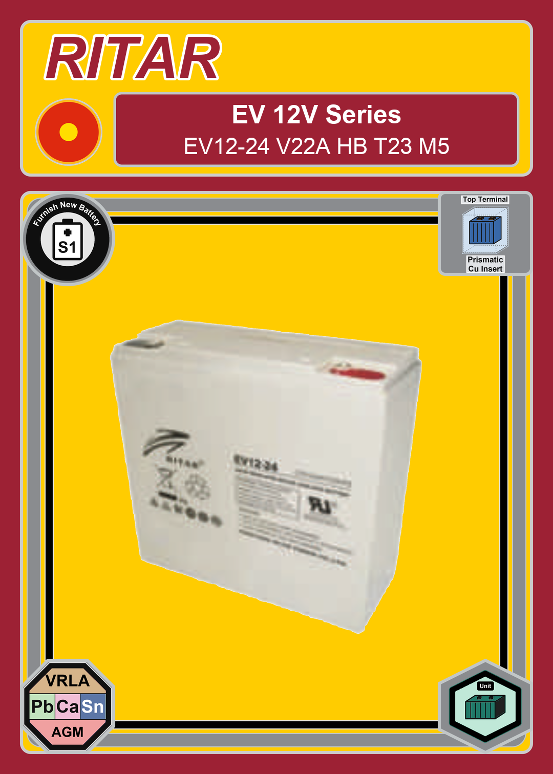 Furnish New Battery Ritar EV Series EV12 24 V22A HB T23 M5