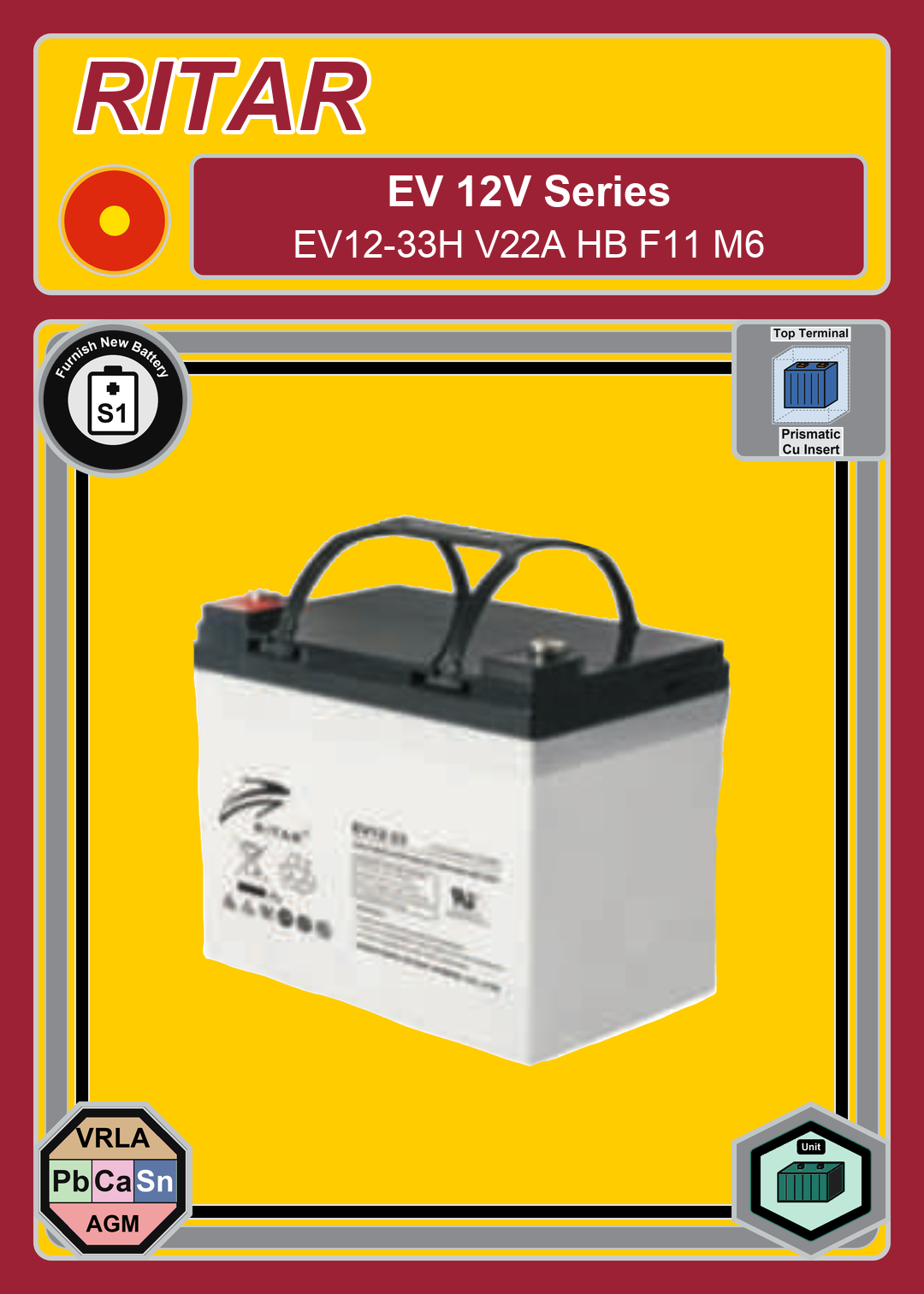 Furnish New Battery Ritar EV Series EV12 33H V22A HB F11 M6