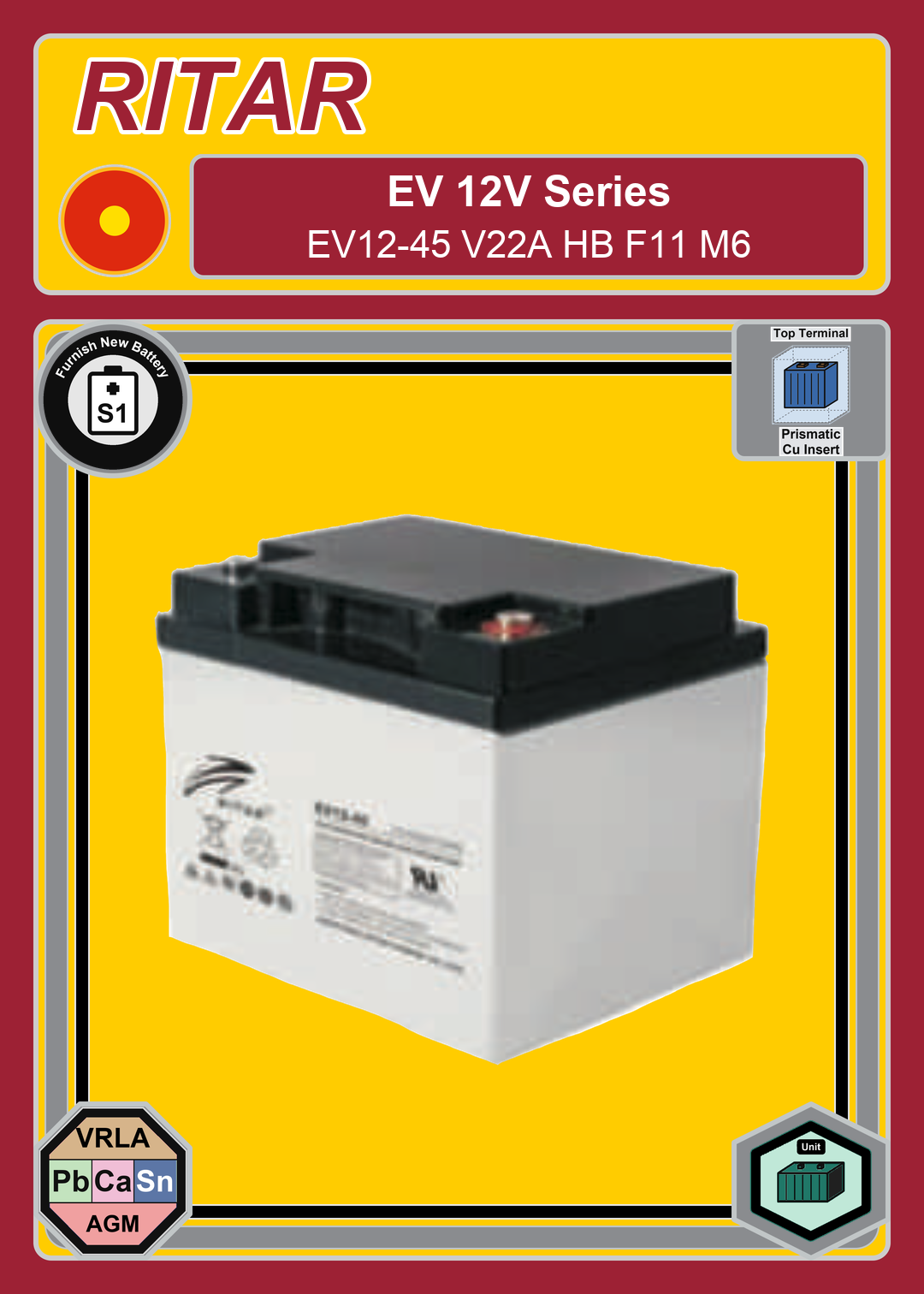 Furnish New Battery Ritar EV Series EV12 45 V22A HB F11 M6