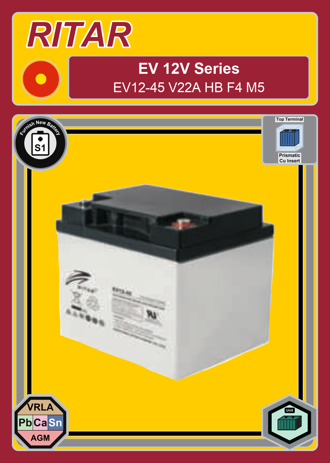 Furnish New Battery Ritar EV Series EV12 45 V22A HB F4 M5