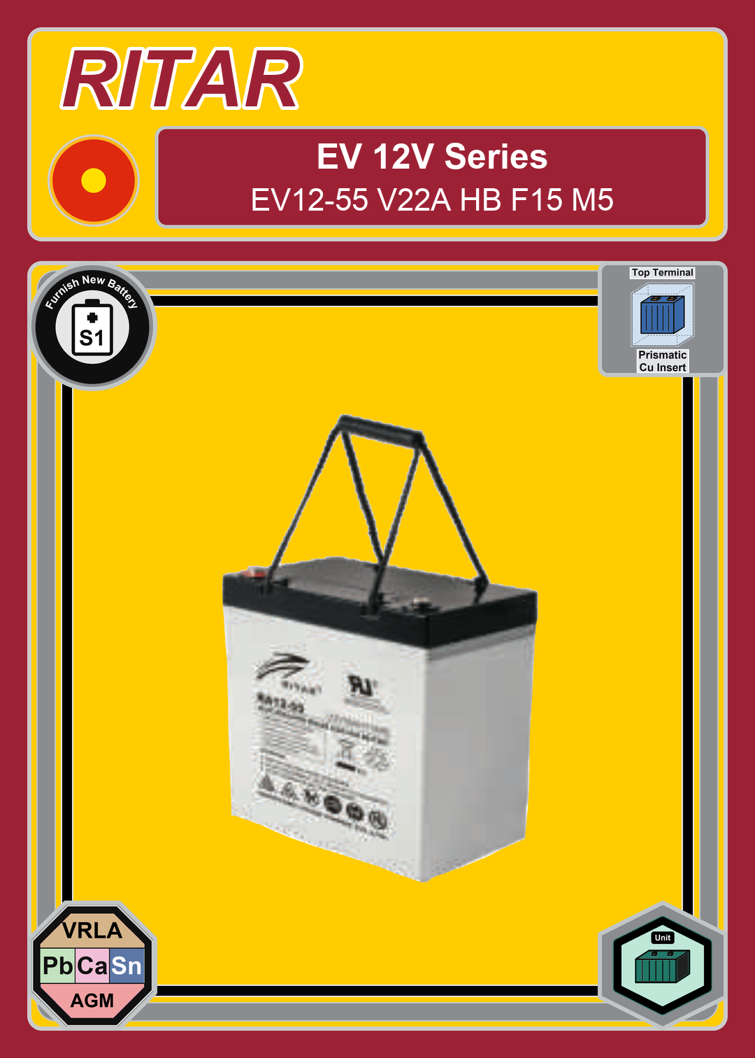 Furnish New Battery Ritar EV Series EV12 55 V22A HB F15 M5