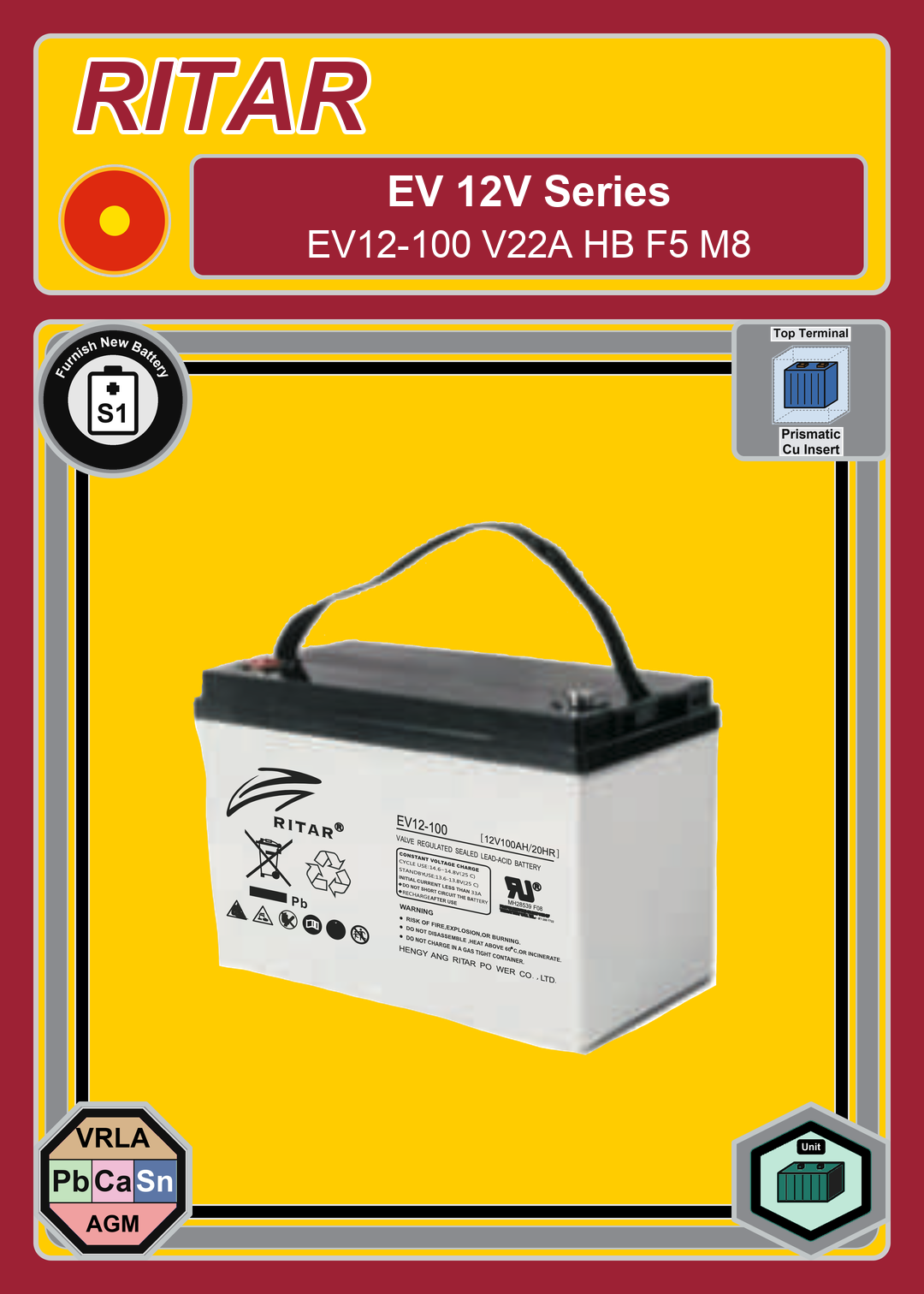 Furnish New Battery Ritar EV Series EV12 100 V22A HB F5 M8