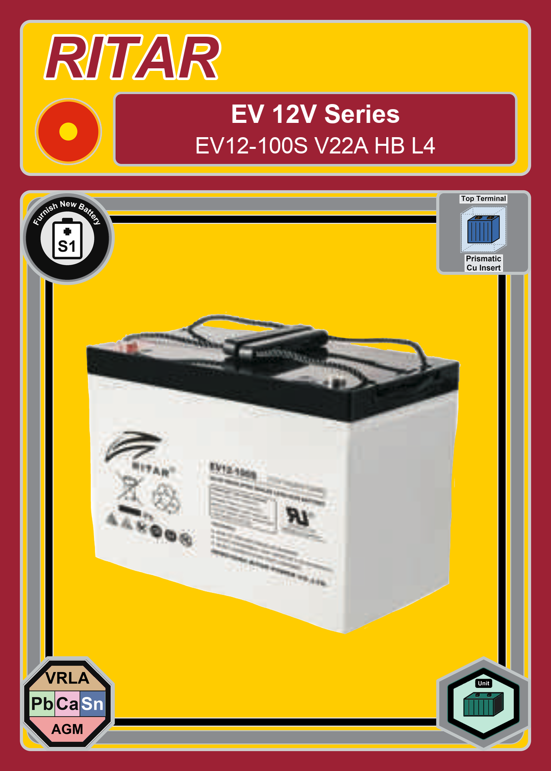 Furnish New Battery Ritar EV Series EV12 100S V22A HB L4