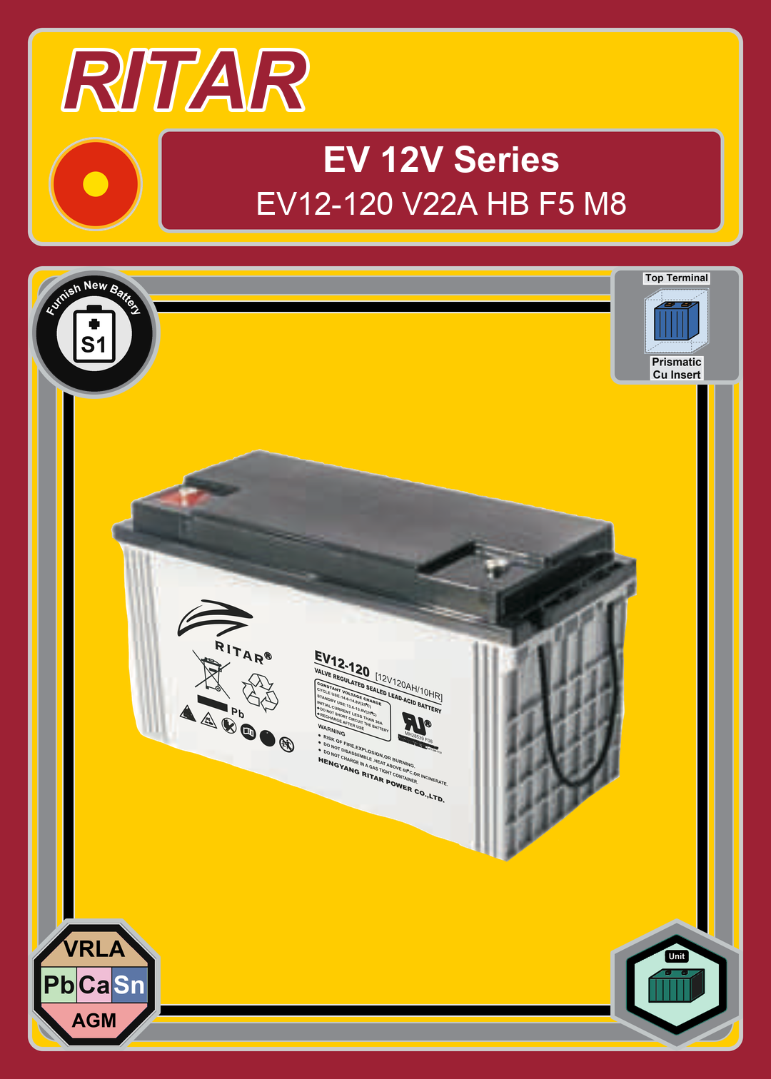 Furnish New Battery Ritar EV Series EV12 120 V22A HB F5 M8