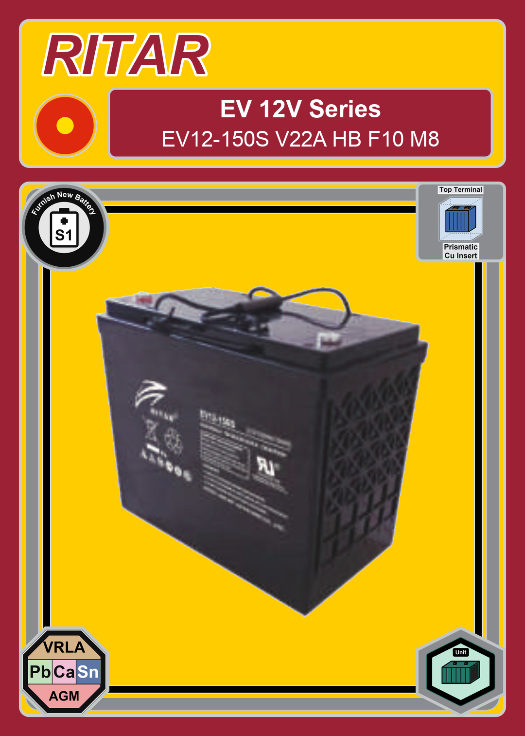 Furnish New Battery Ritar EV Series EV12 150S V22A HB F10 M8