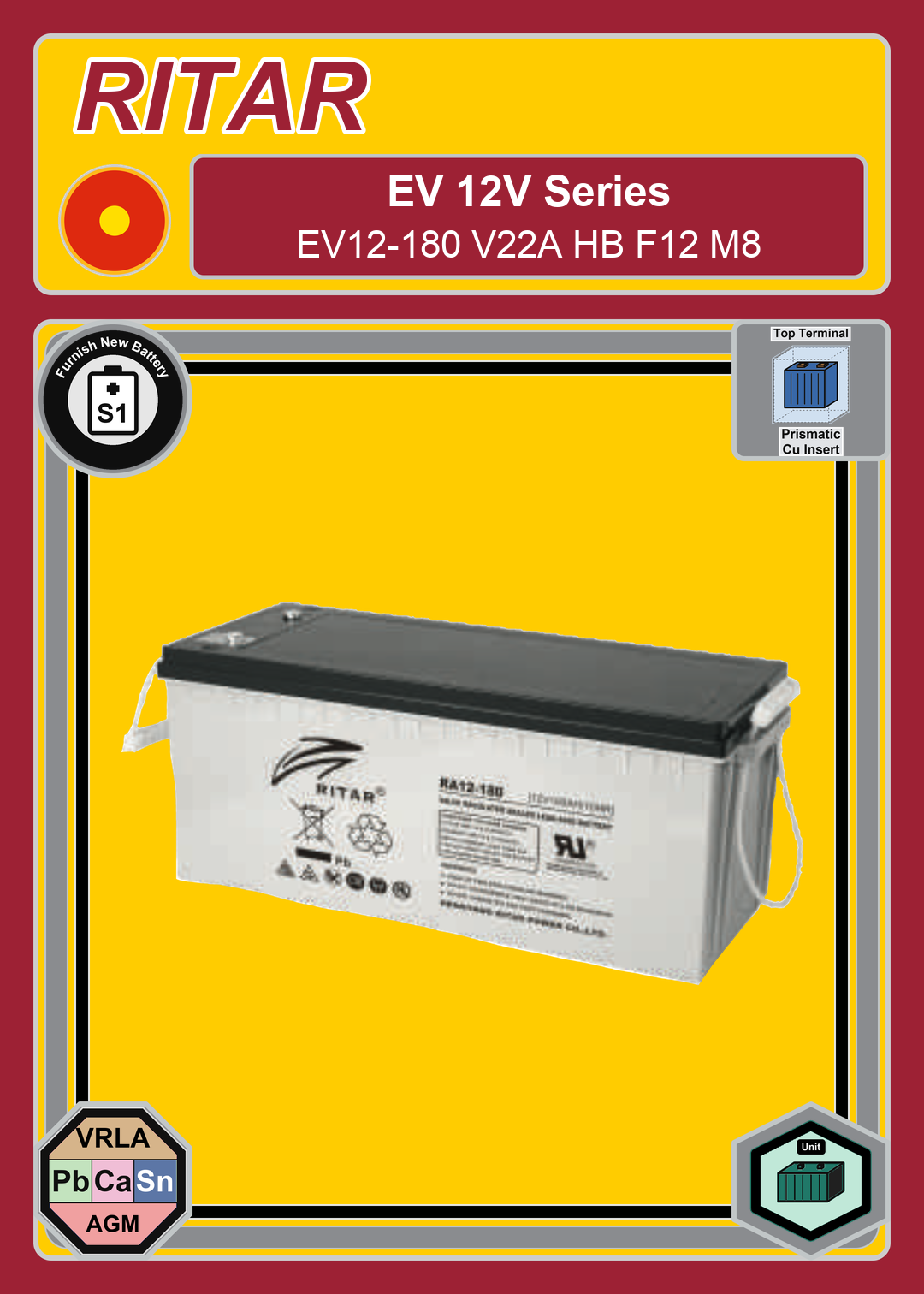 Furnish New Battery Ritar EV Series EV12 180 V22A HB F12 M8