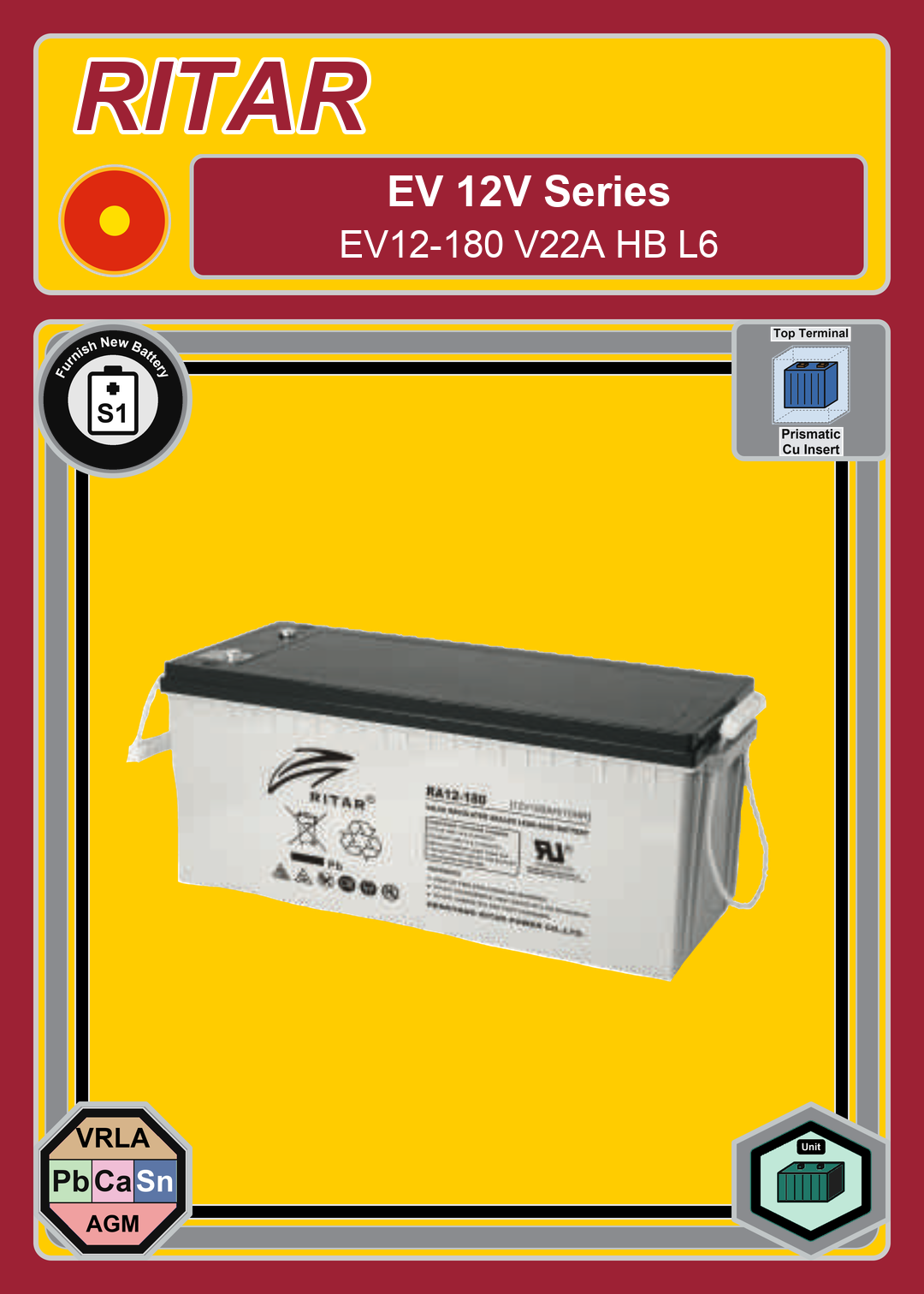 Furnish New Battery Ritar EV Series EV12 180 V22A HB L6