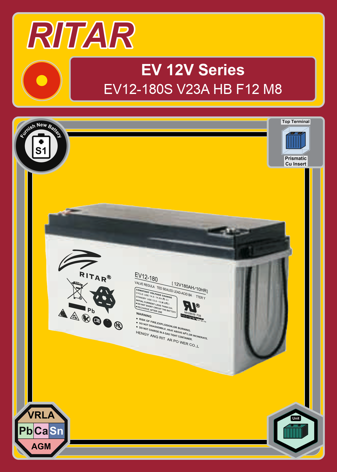 Furnish New Battery Ritar EV Series EV12 180S V23A HB F12 M8
