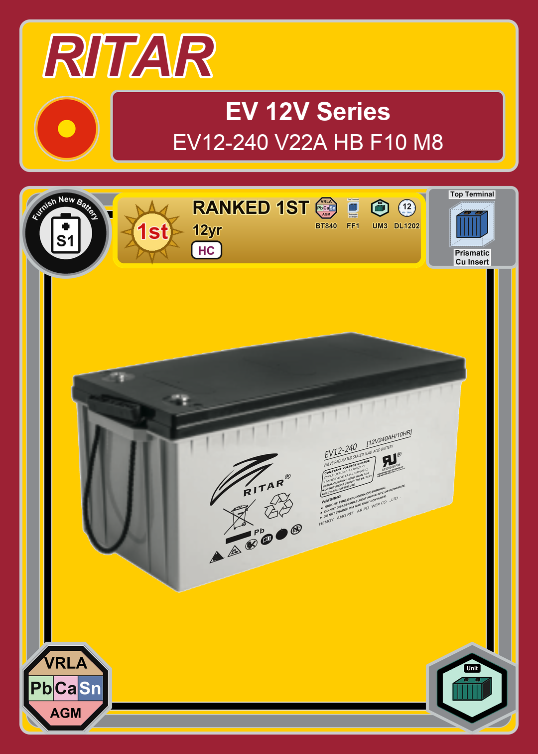 Furnish New Battery Ritar EV Series EV12 240 V22A HB F10 M8