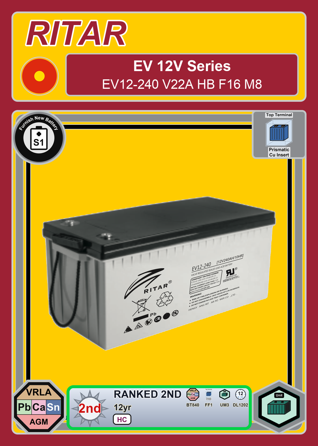 Furnish New Battery Ritar EV Series EV12 240 V22A HB F16 M8