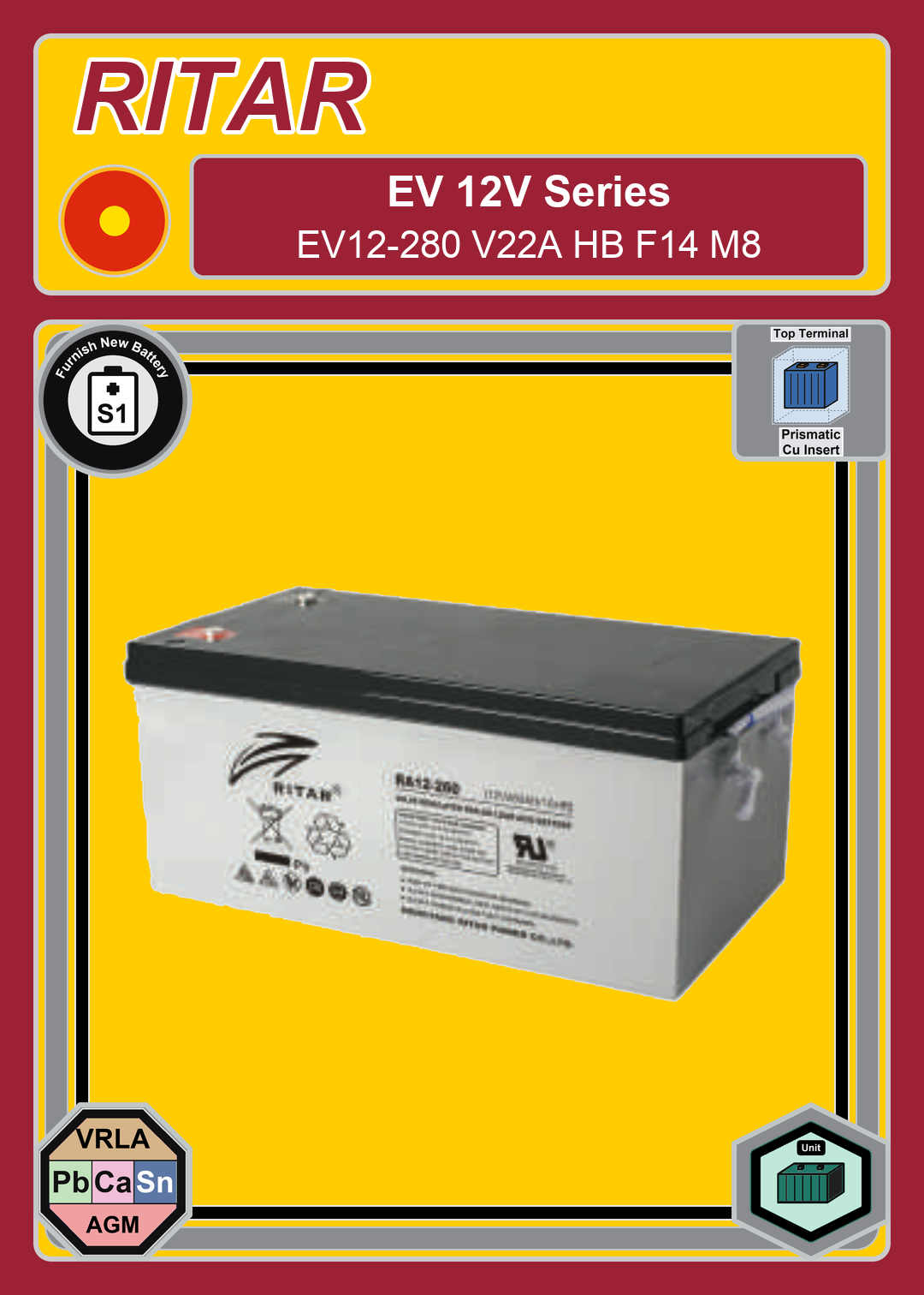 Furnish New Battery Ritar EV Series EV12 280 V22A HB F14 M8