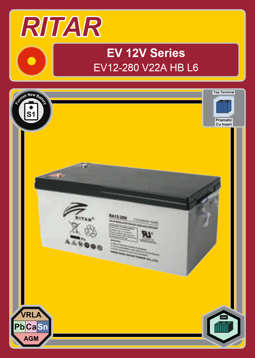 Furnish New Battery Ritar EV Series EV12 280 V22A HB L6