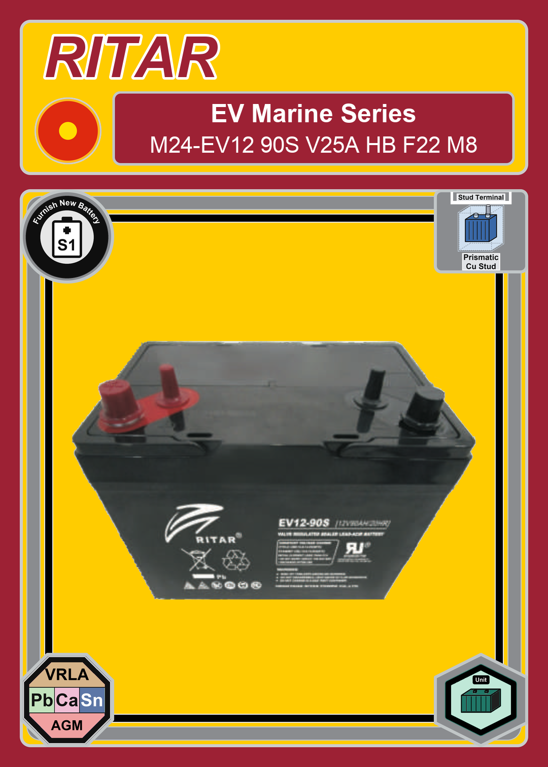Furnish New Battery Ritar EV Marine Series M24 EV12 90S V25A HB F22 M8