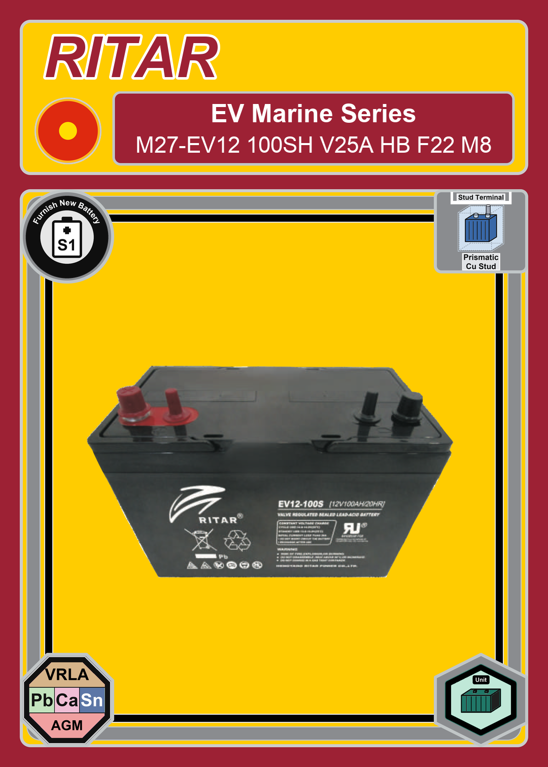 Furnish New Battery Ritar EV Marine Series M27 EV12 100SH V25A HB F22 M8