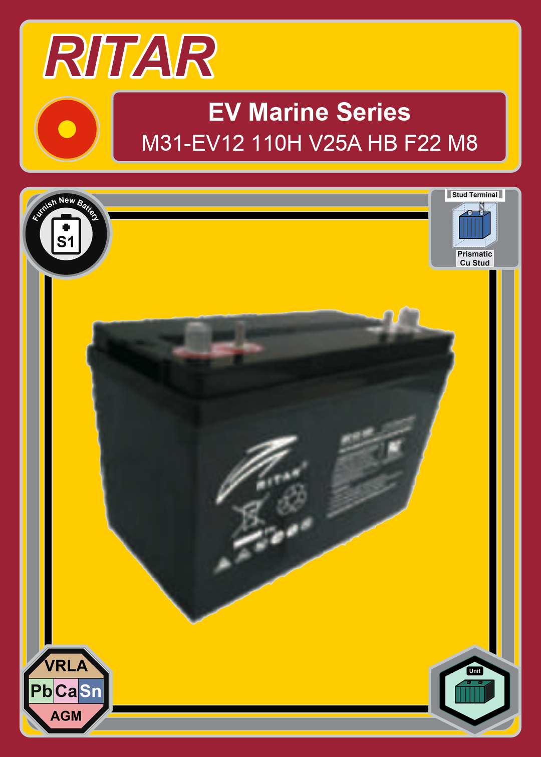Furnish New Battery Ritar EV Marine Series M31 EV12 110H V25A HB F22 M8