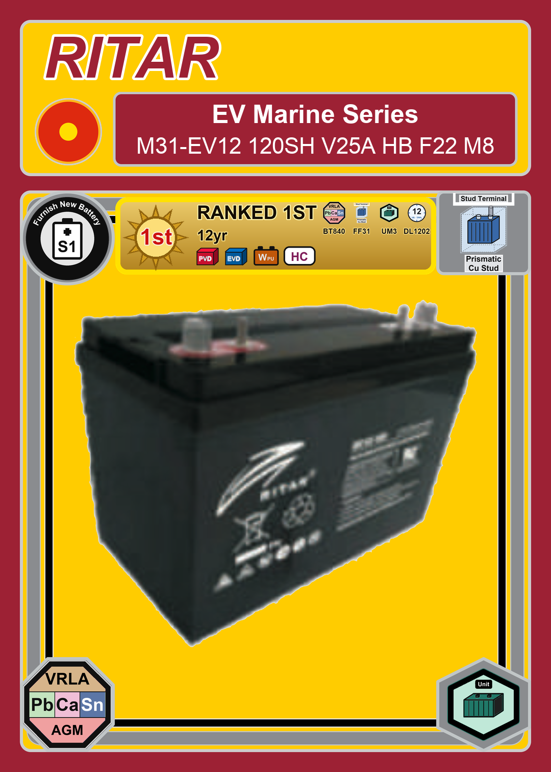 Furnish New Battery Ritar EV Marine Series M31 EV12 120SH V25A HB F22 M8