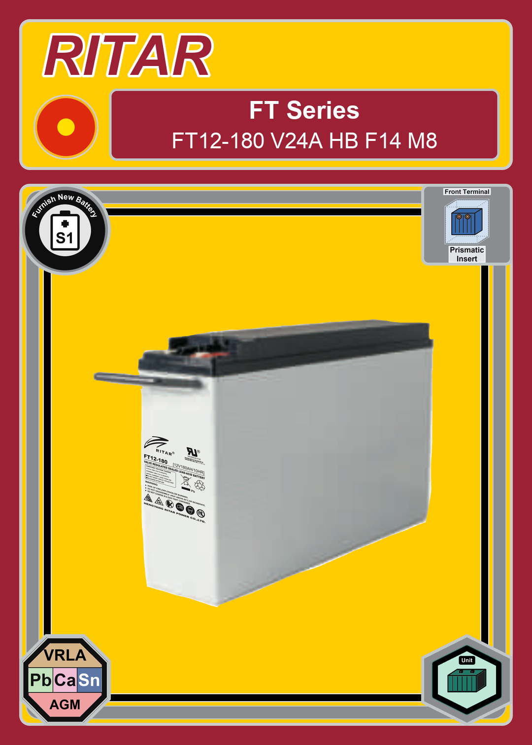 Furnish New Battery Ritar FT Series FT12 180 V24A HB F14 M8