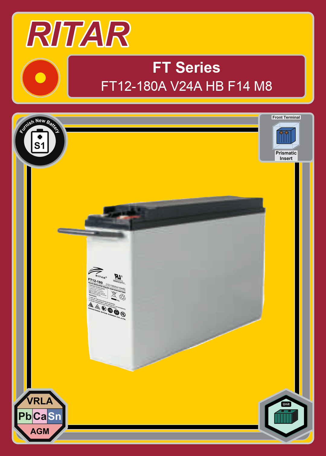 Furnish New Battery Ritar FT Series FT12 180A V24A HB F14 M8