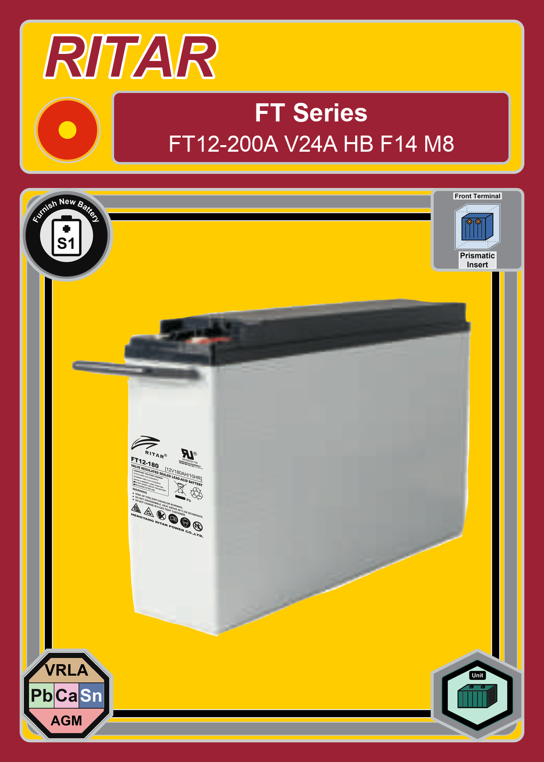Furnish New Battery Ritar FT Series FT12 200A V24A HB F14 M8