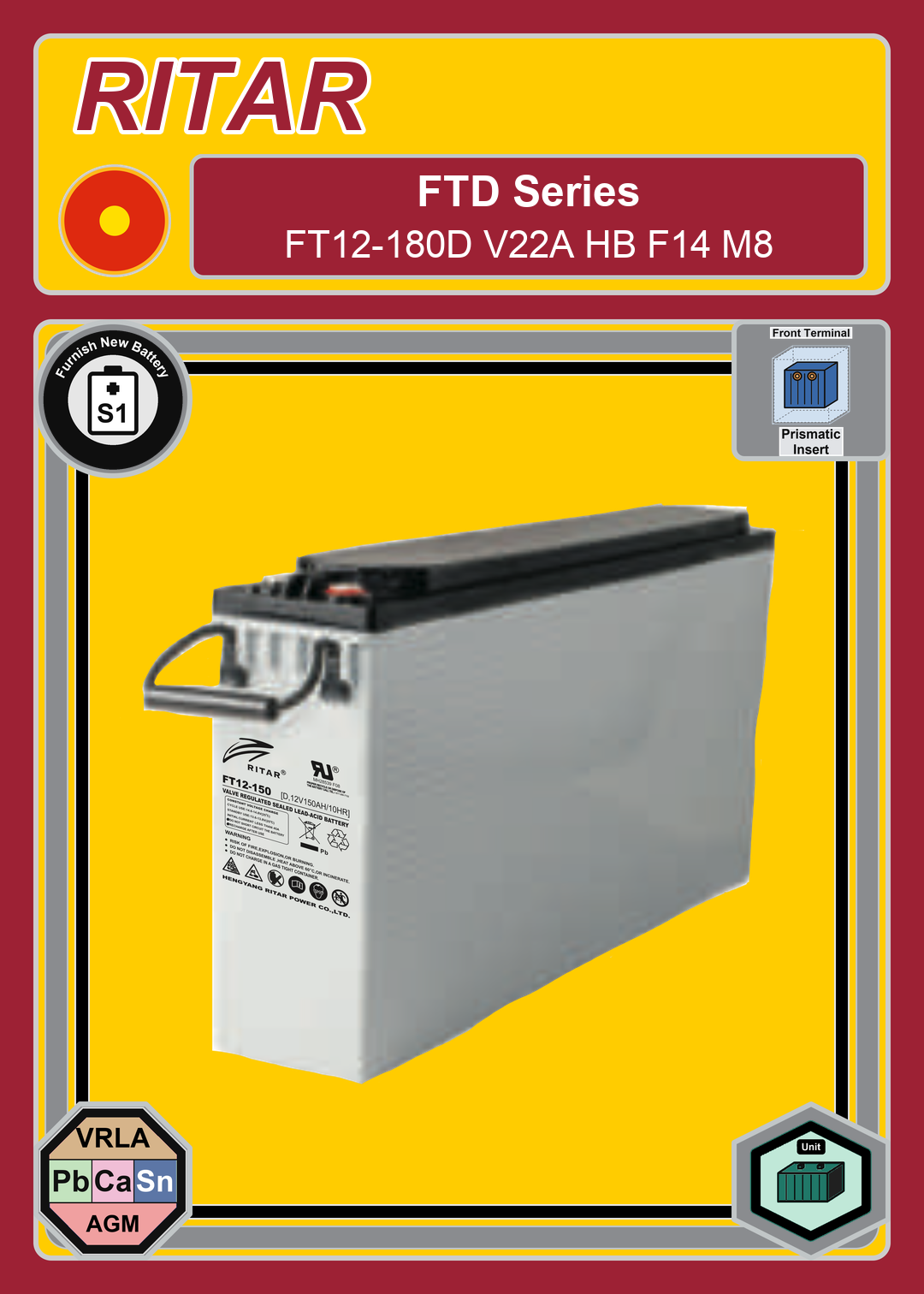 Furnish New Battery Ritar FT D Series FT12 180D V22A HB F14 M8