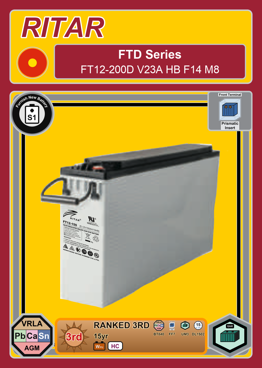Furnish New Battery Ritar FT D Series FT12 200D V23A HB F14 M8