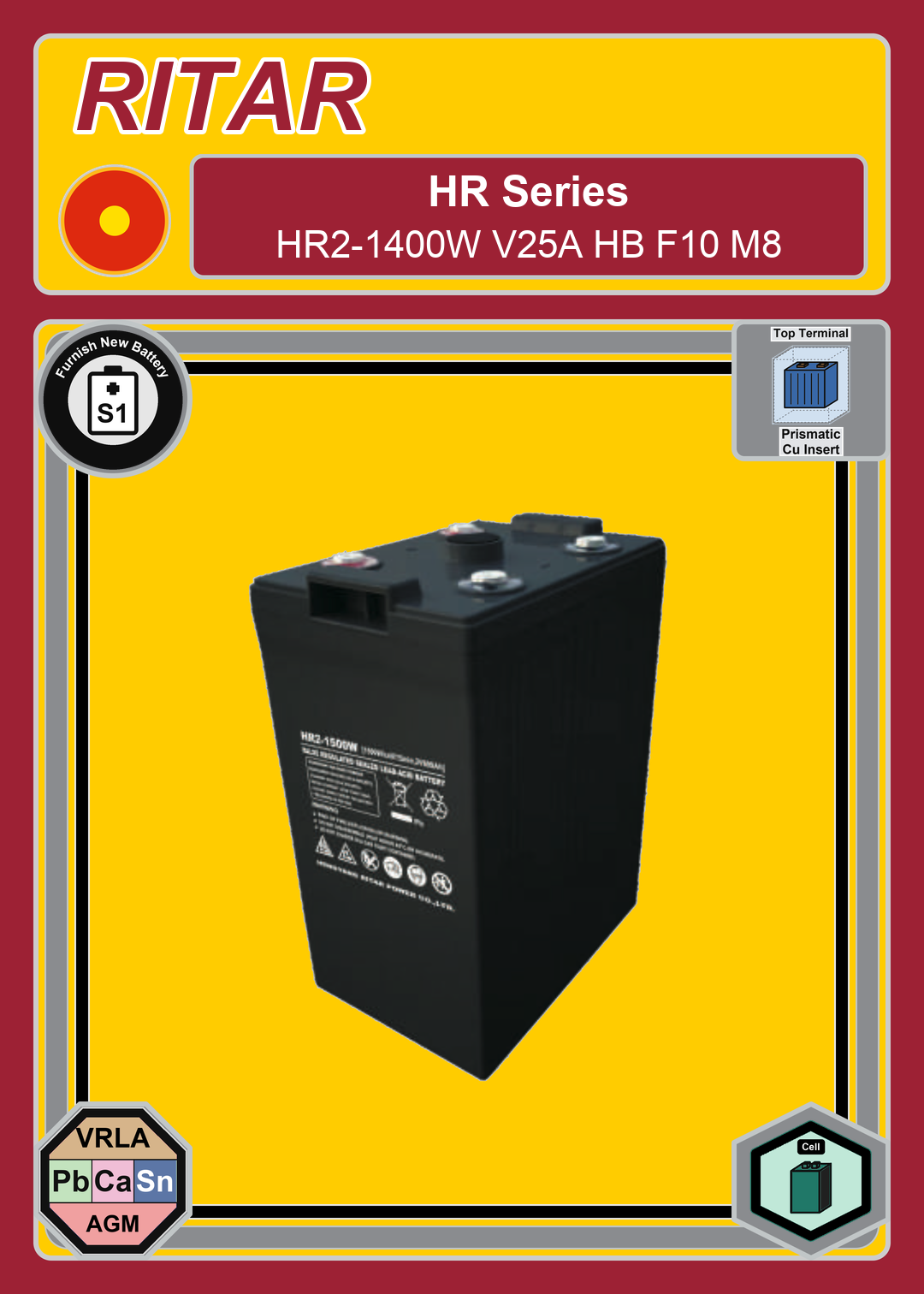 Furnish New Battery Ritar HR Series HR2 1400W V25A HB F10 M8