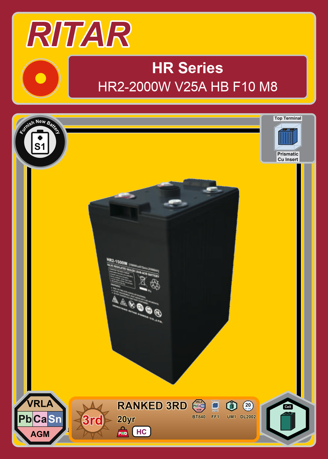 Furnish New Battery Ritar HR Series HR2 2000W V25A HB F10 M8