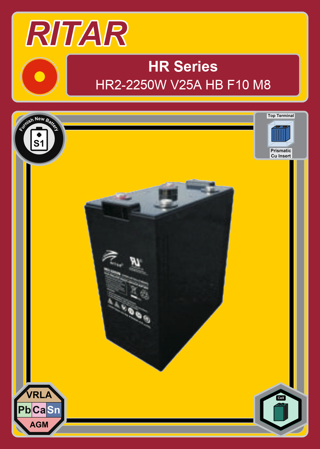Furnish New Battery Ritar HR Series HR2 2250W V25A HB F10 M8
