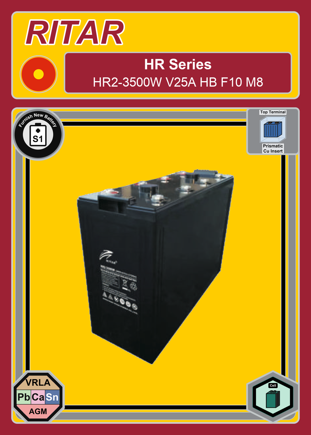 Furnish New Battery Ritar HR Series HR2 3500W V25A HB F10 M8