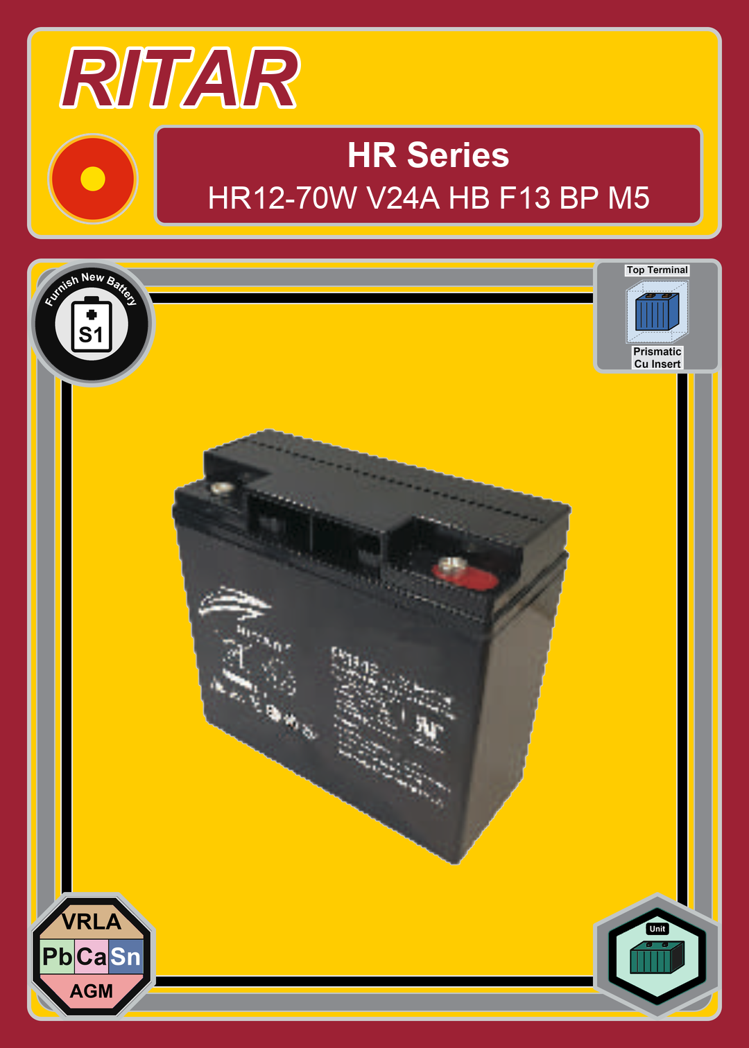 Furnish New Battery Ritar HR Series HR12 70W V24A HB F13 BP M5