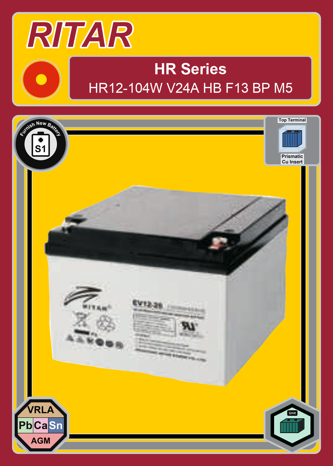 Furnish New Battery Ritar HR Series HR12 104W V24A HB F13 BP M5