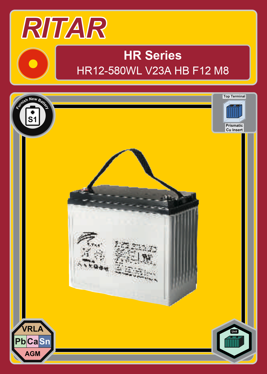 Furnish New Battery Ritar HR Series HR12 580WL V23A HB F12 M8
