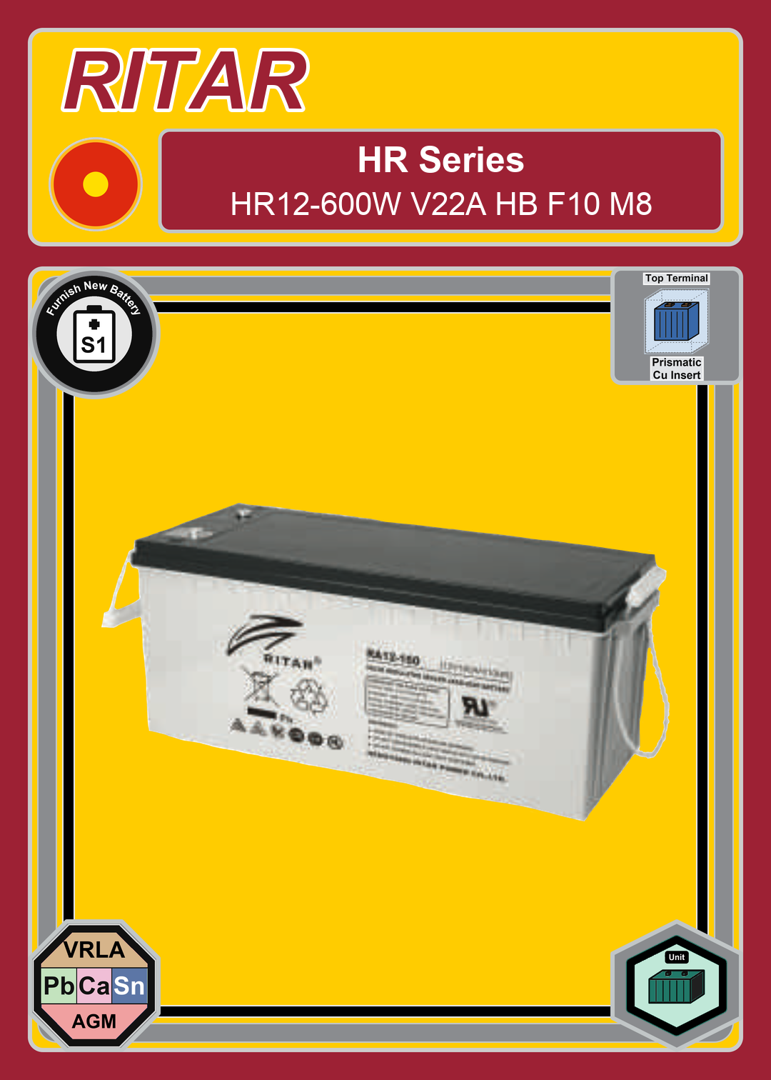 Furnish New Battery Ritar HR Series HR12 600W V22A HB F10 M8