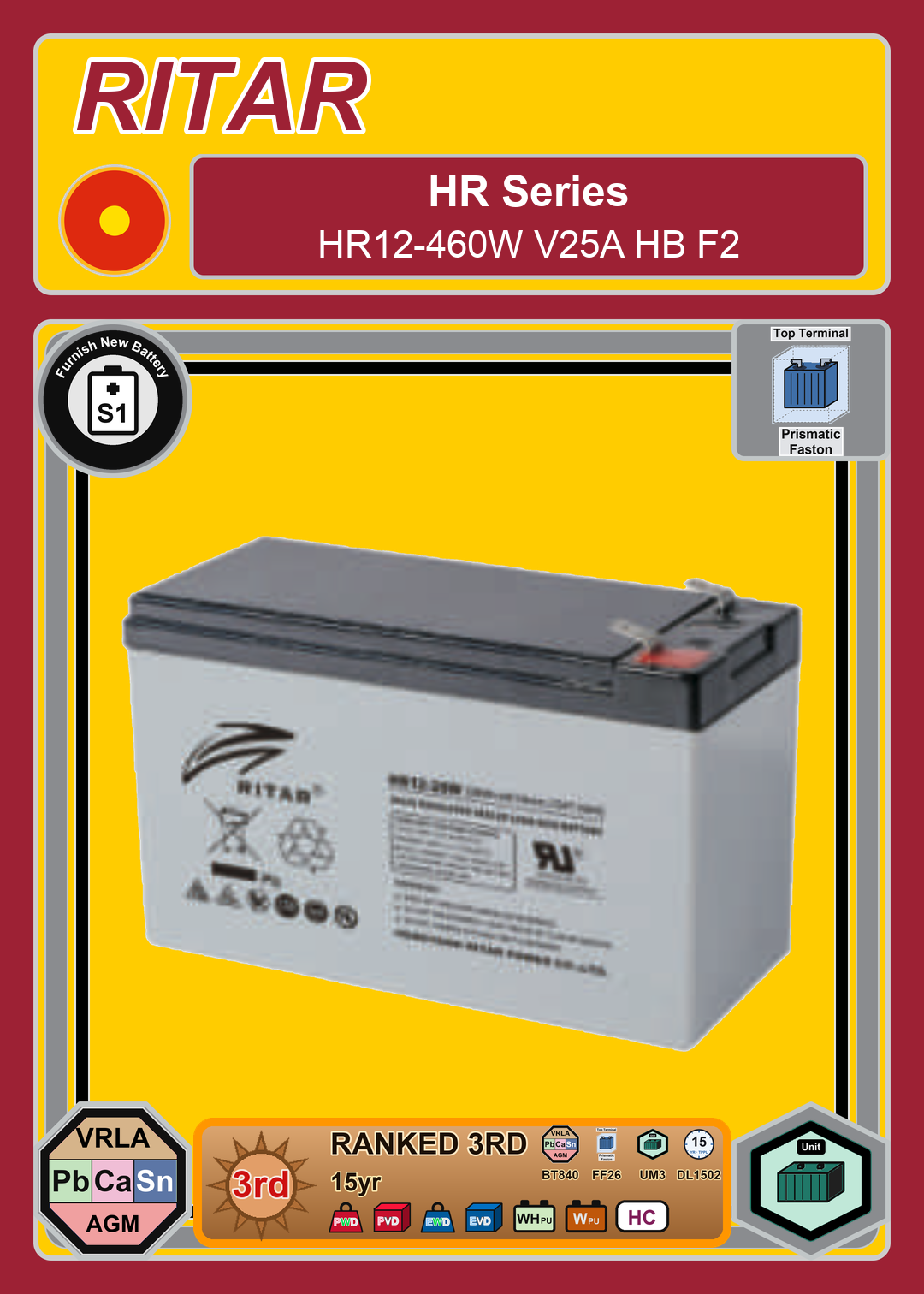 Furnish New Battery Ritar HR Series HR12 460W V25A HB F2