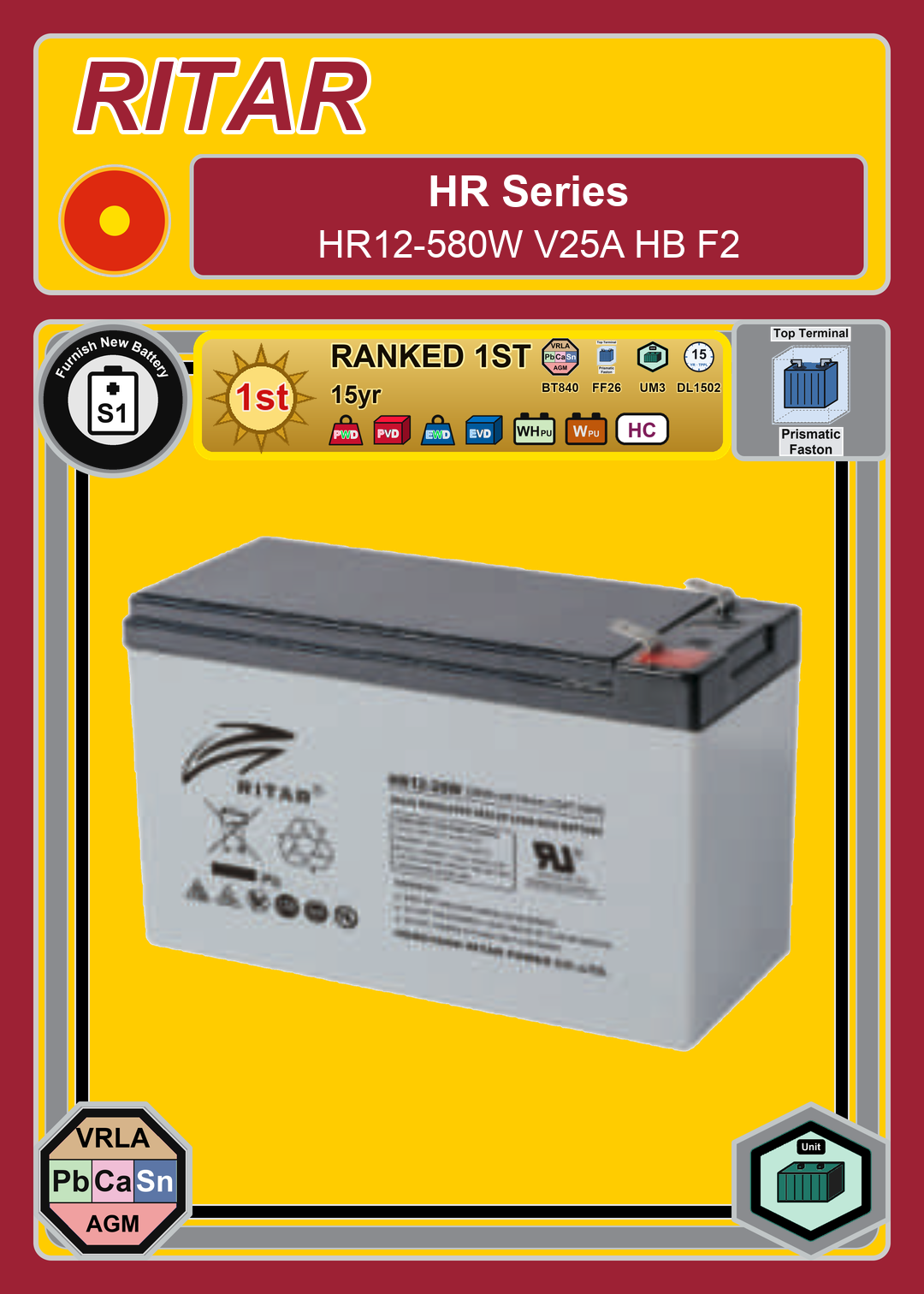 Furnish New Battery Ritar HR Series HR12 580W V25A HB F2