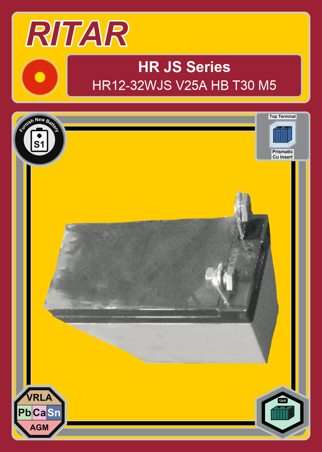 Furnish New Battery Ritar HR JS Series HR12 32WJS V25A HB T30 M5