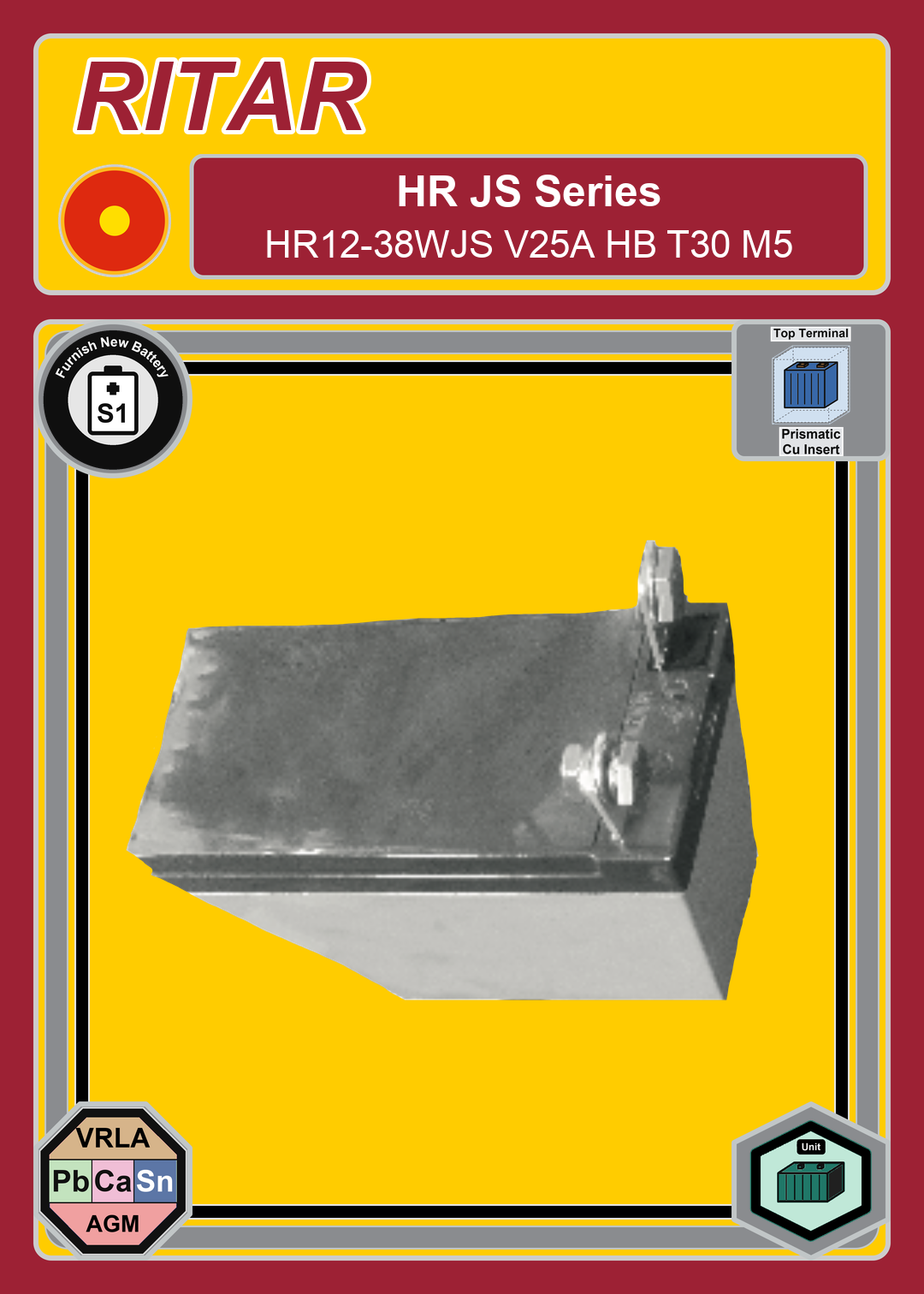 Furnish New Battery Ritar HR JS Series HR12 38WJS V25A HB T30 M5