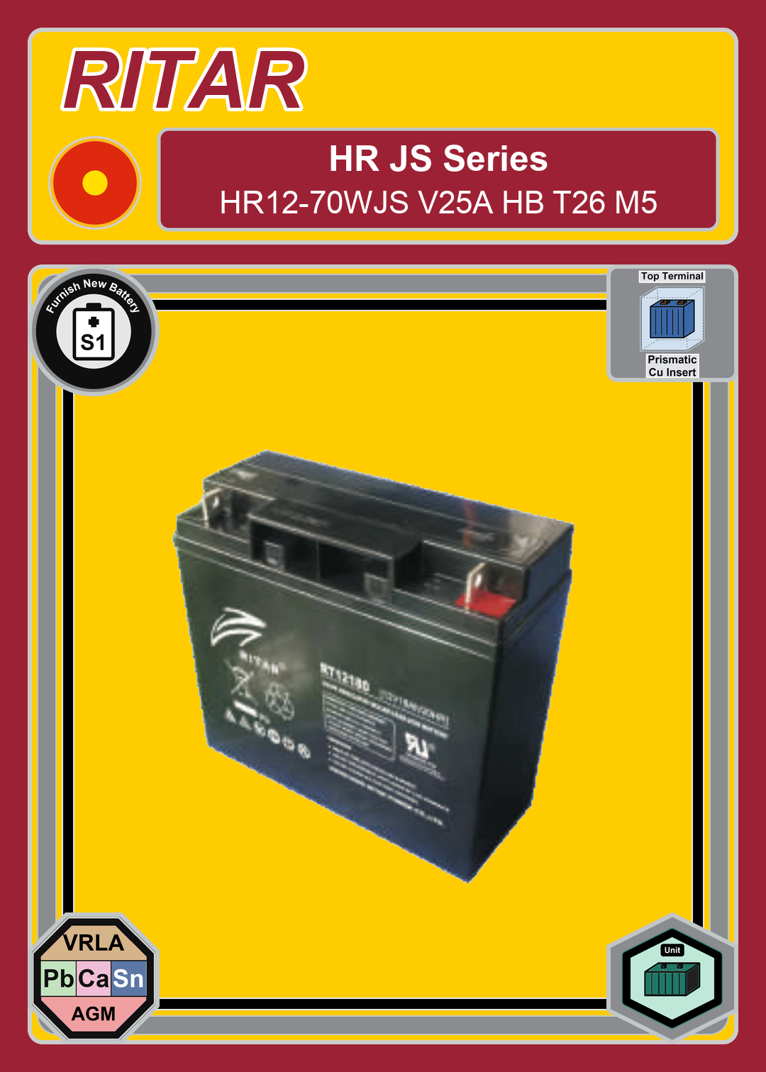 Furnish New Battery Ritar HR JS Series HR12 70WJS V25A HB T26 M5