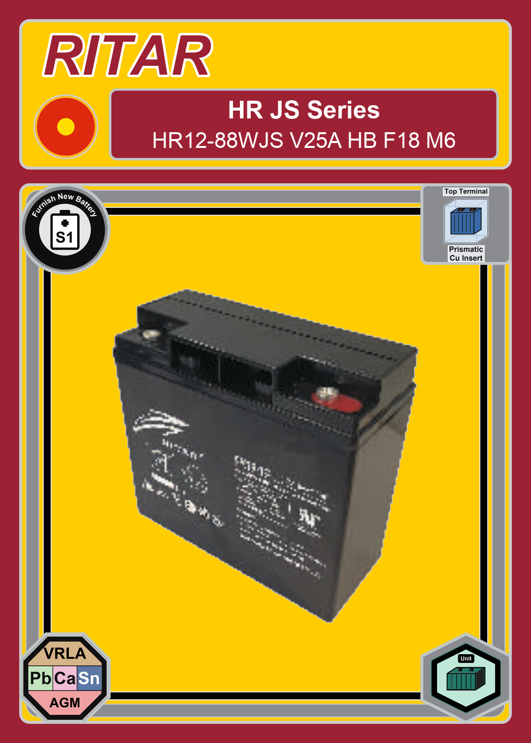 Furnish New Battery Ritar HR JS Series HR12 88WJS V25A HB F18 M6