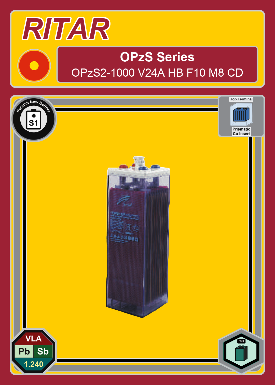 Furnish New Battery Ritar OPzS Series OPzS2 1000 V24A HB F10 M8 CD