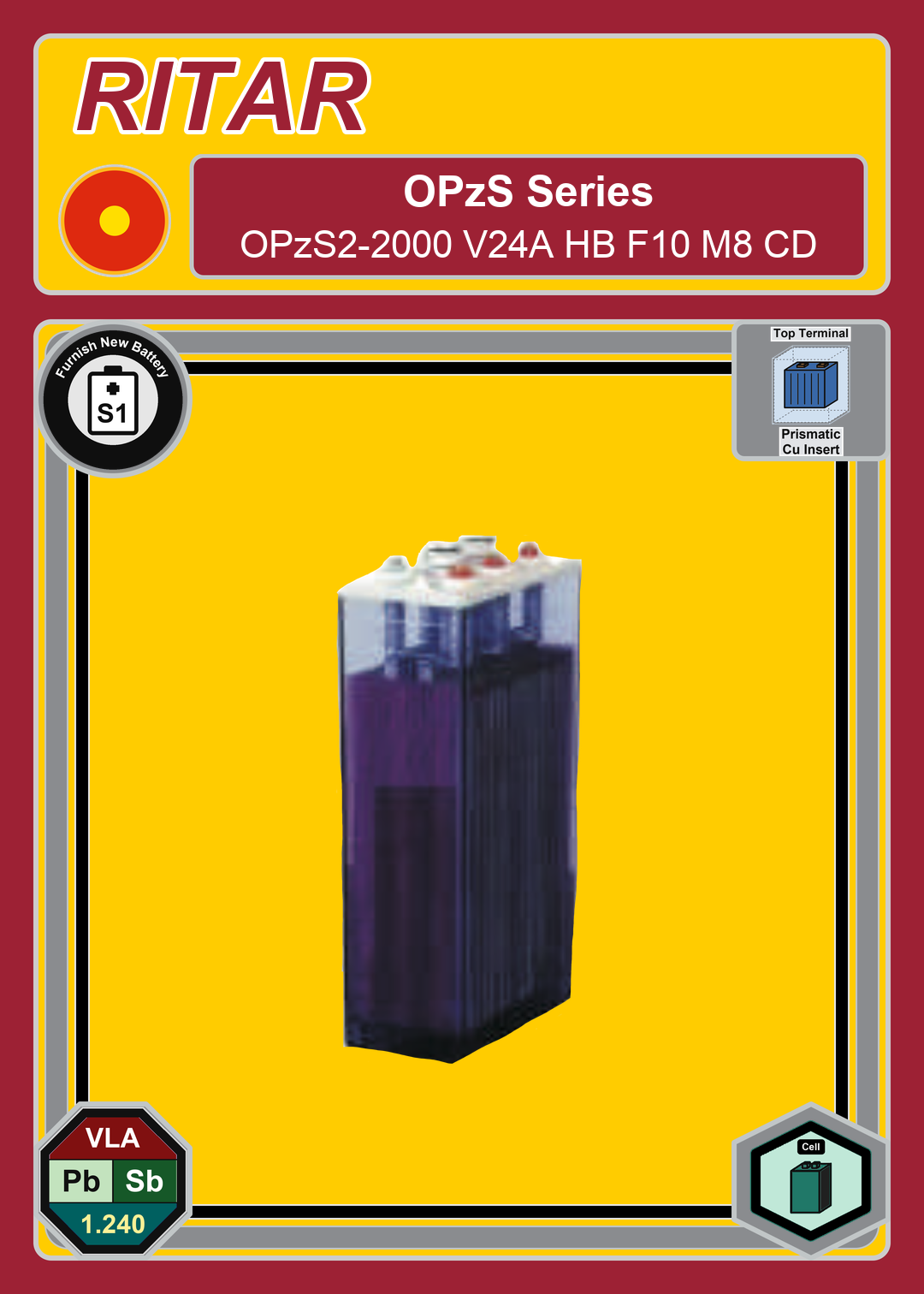 Furnish New Battery Ritar OPzS Series OPzS2 2000 V24A HB F10 M8 CD