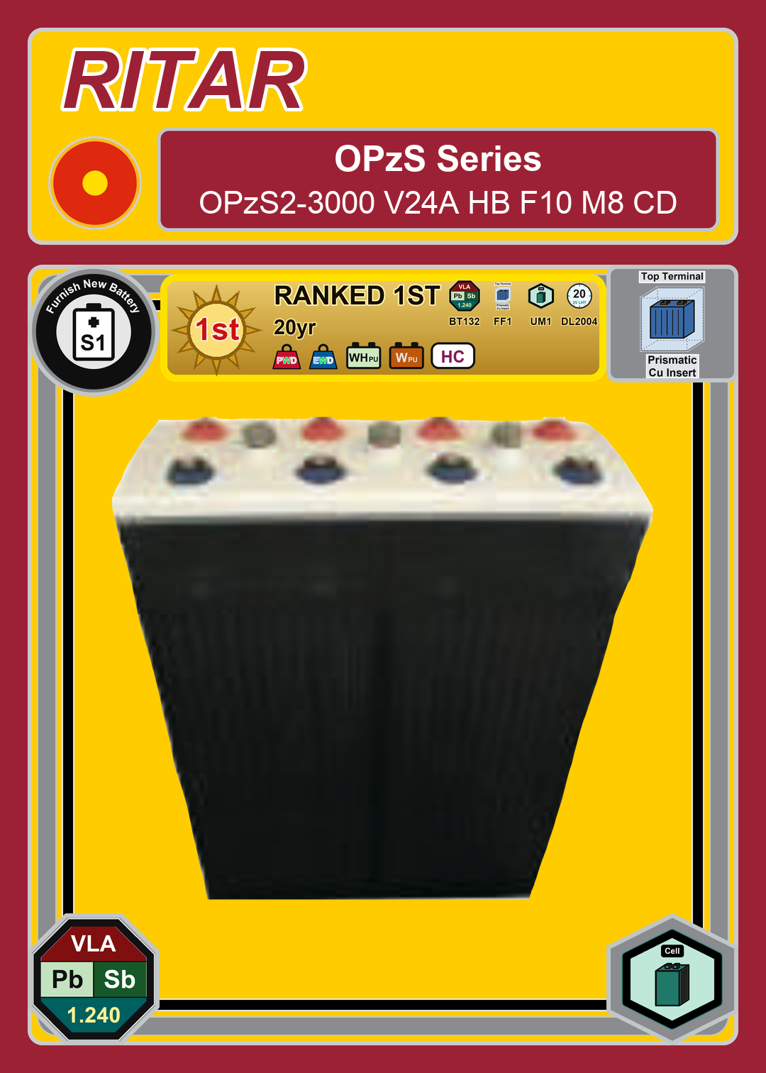 Furnish New Battery Ritar OPzS Series OPzS2 3000 V24A HB F10 M8 CD